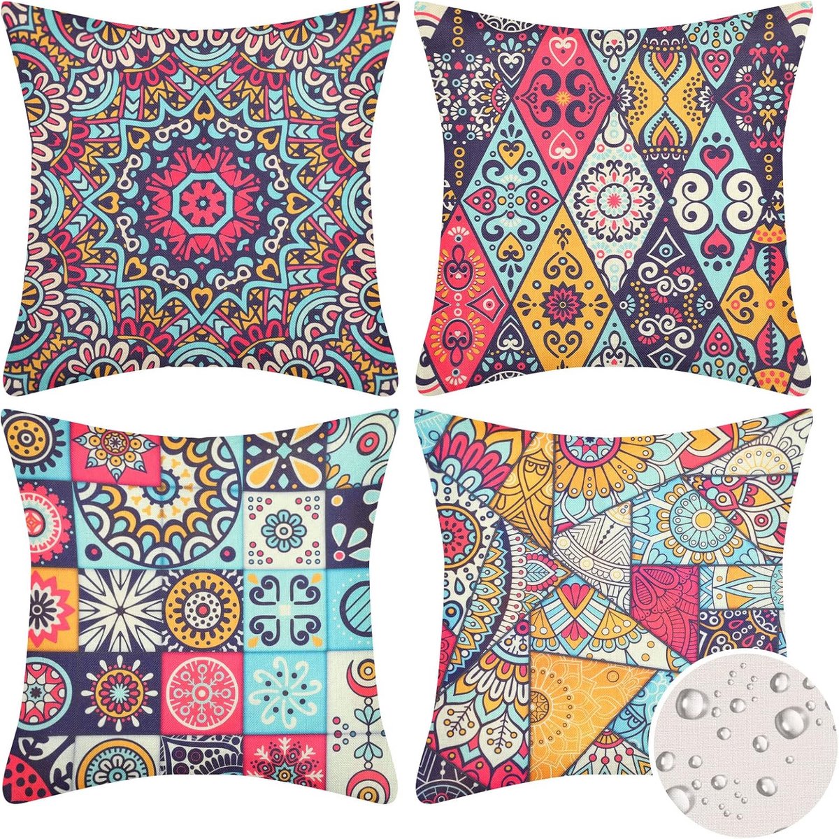 SnelShoppen - Outdoor Waterproof Mandala Boho Kussenhoezen 50x50cm - 4 Stuks - Decoratieve Linnen Kussens voor Tuin, Patio, Sofa en Stoel - Kleurrijk