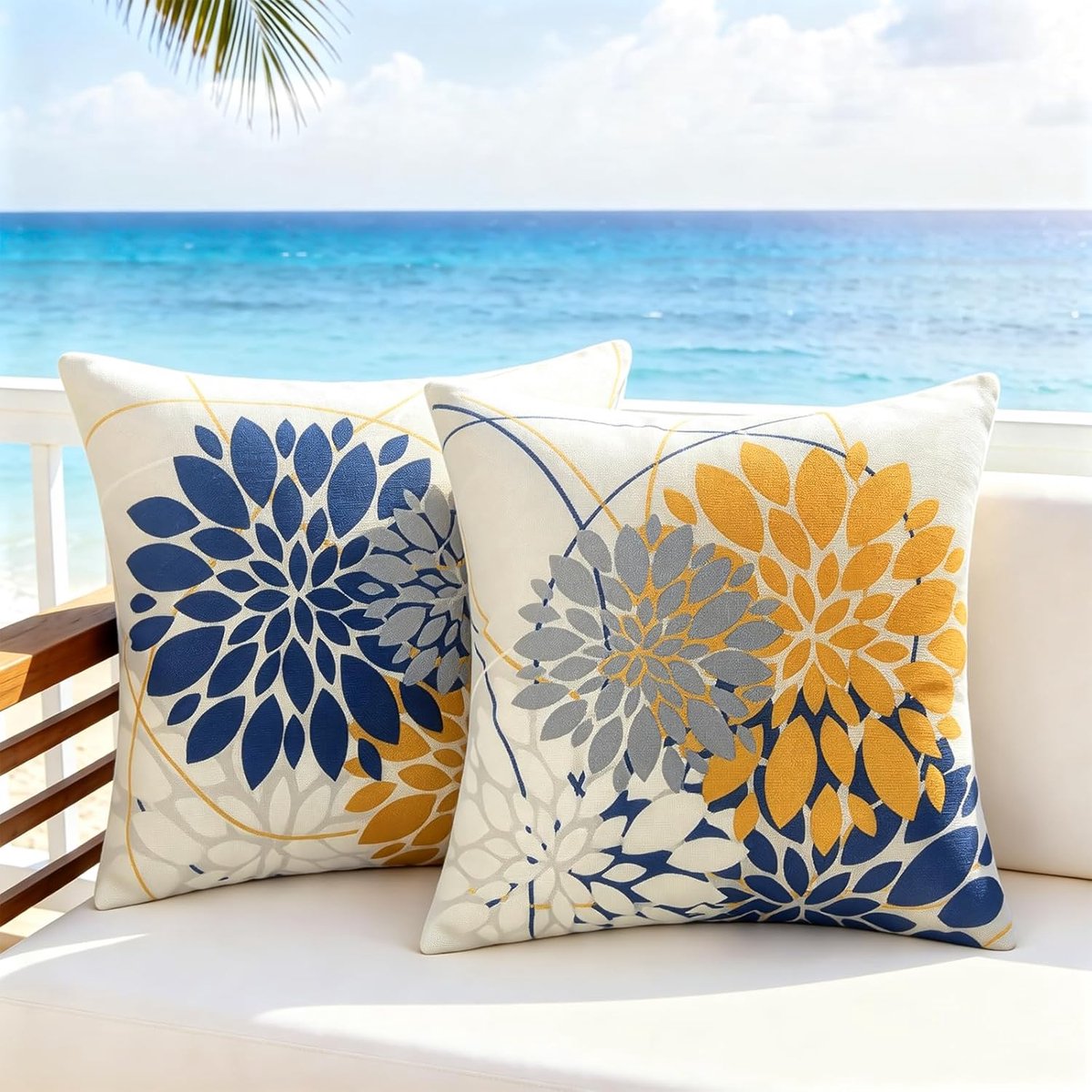 SnelShoppen - Waterproof Kussenhoezen voor Sofa 45x45 cm, Blauw Gele Dalia's, Moderne Buiten Kussens, Set van 2 Decoratieve Kussenhoezen voor Woonkame
