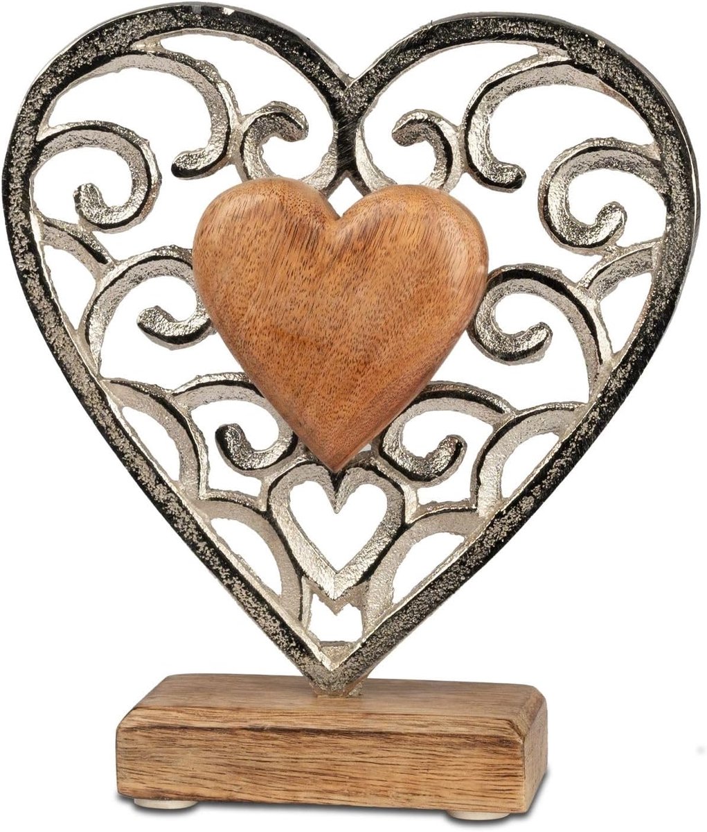 SnelShoppen - Decoratieve Hart Aluminium Mango Hout Voetstuk 17x15 cm - Moderne Tafel Decoratie - Zilveren Sculptuur voor Woonkamer en Kantoor - Perfe