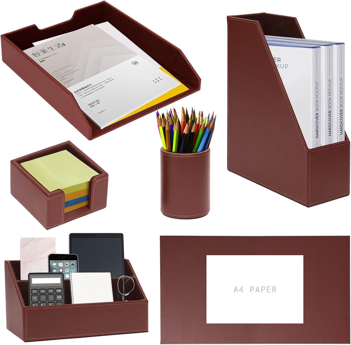 SnelShoppen - PU Leather 6-delige Kantoor Bureau Organiser Set - Stylish Desk Organizer met Notitieblok, Papierlade, Tijdschriftenhouder, Pennenhouder