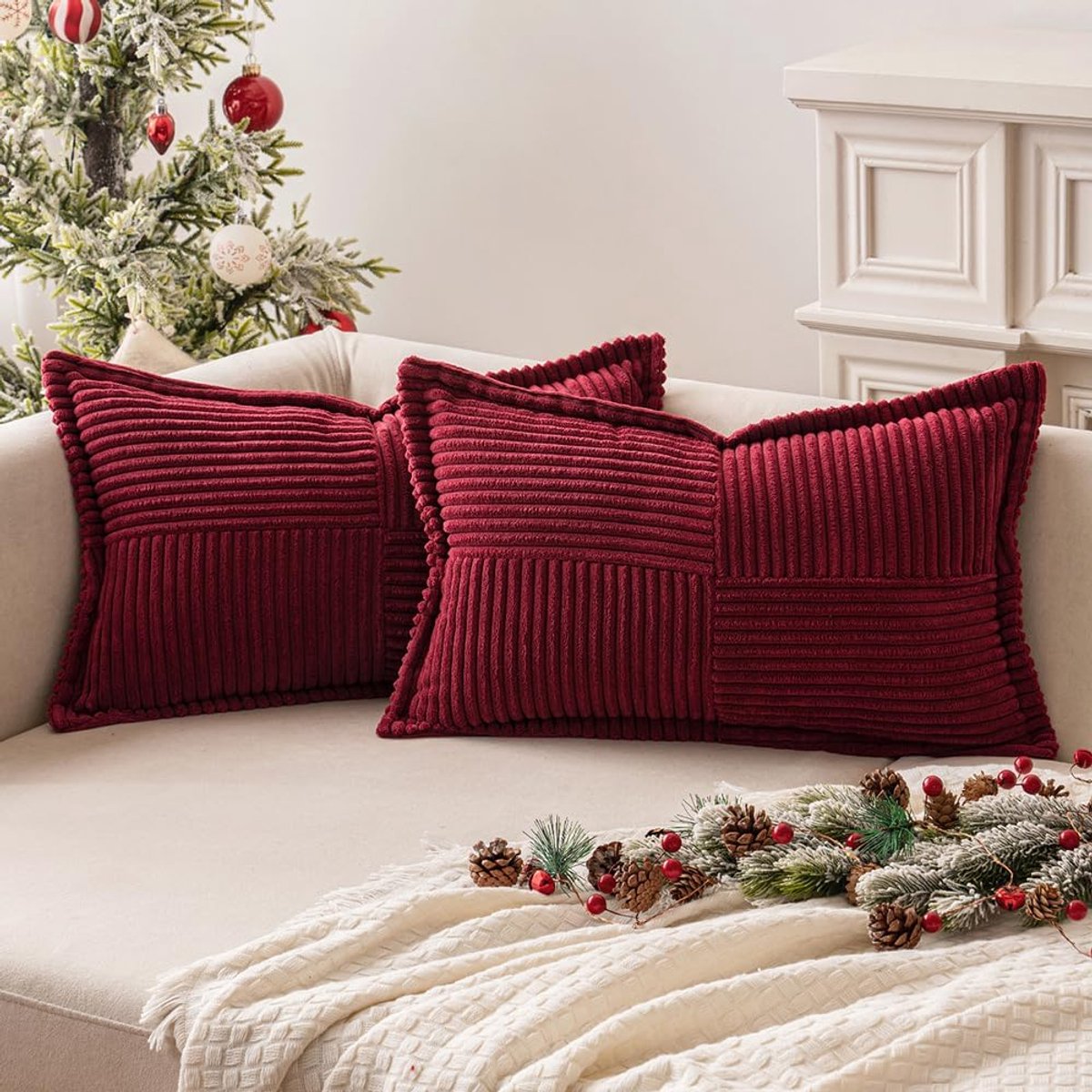 SnelShoppen - Set van 2 Kerst Kussenslopen Corduroy 40x60cm - Decoratieve Moderne Patchwork Kussens voor Winter Decoratie - Burgondisch met Onzichtbar