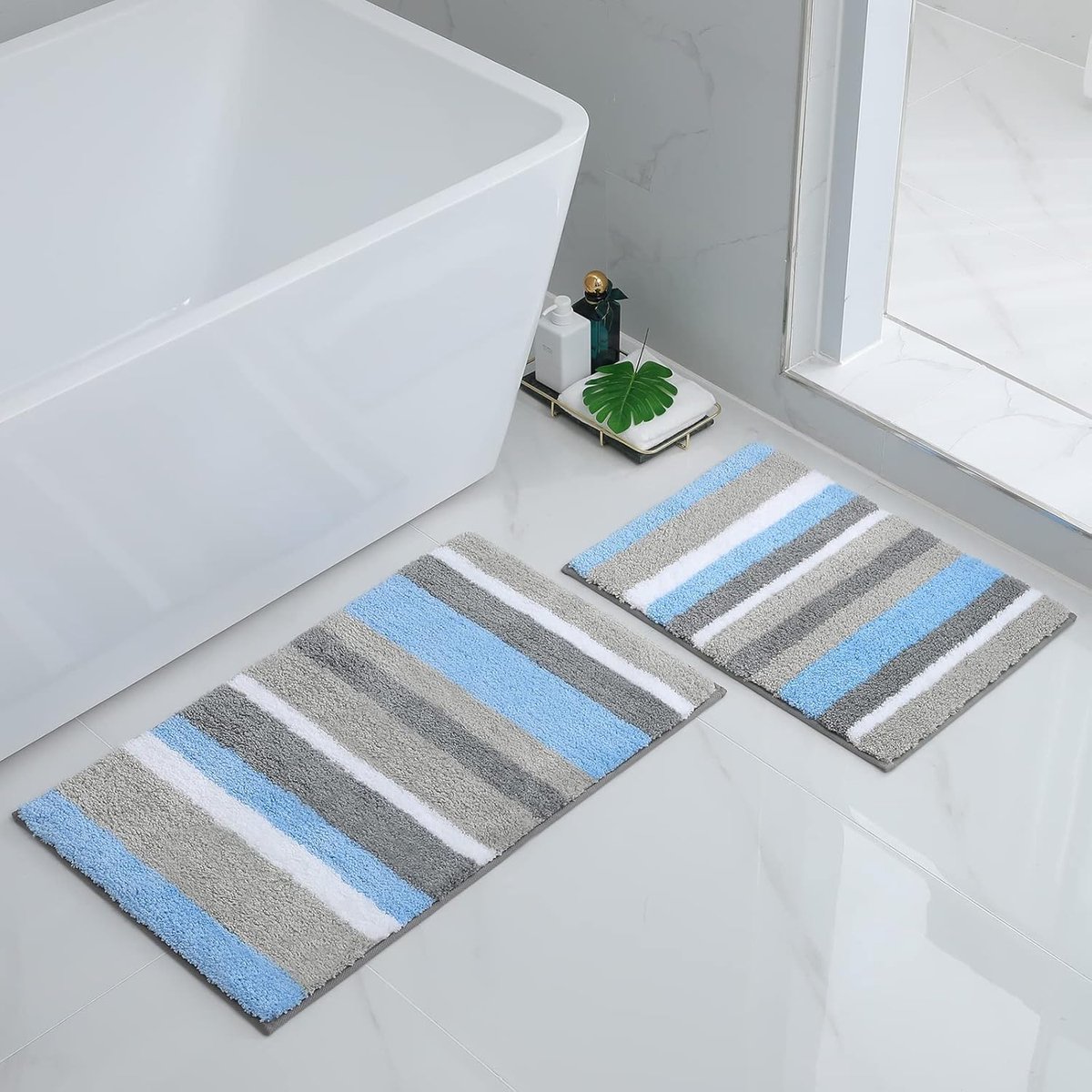 SnelShoppen - Badmat Set van 2 Microvezel Antislip Badmatten 40 x 60 cm + 50 x 80 cm Zacht en Absorberend Blauw/Grijs voor Badkamer en Douche