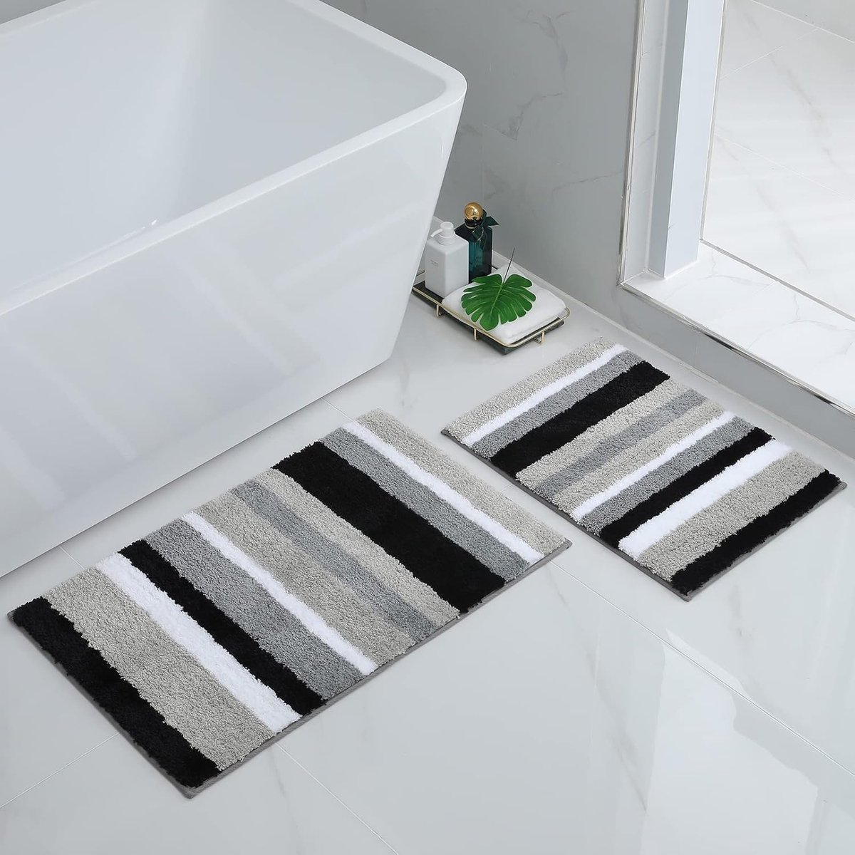 SnelShoppen - Non Slip Badmat Set van 2 Microvezel Absorberend Zacht Hoogpolig 40 x 60 cm + 50 x 80 cm Zwart/Grijs voor Badkamer, Douche en Toilet