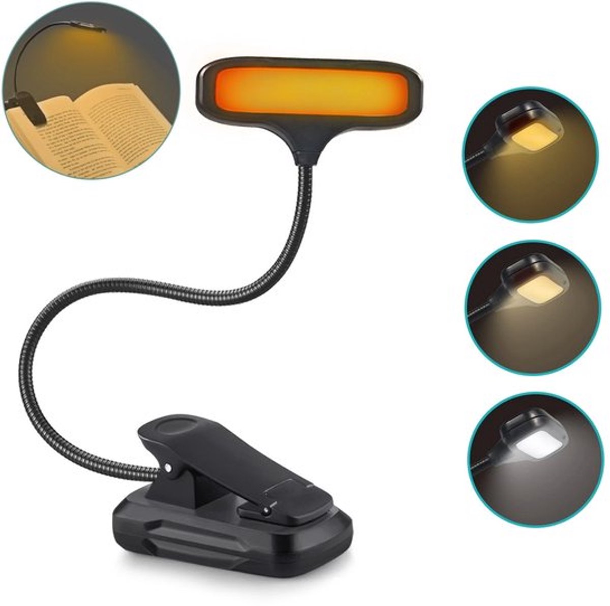 Oplaadbare LED-leeslamp met 3 lichtstanden en een handige clip voor gemakkelijk lezen.