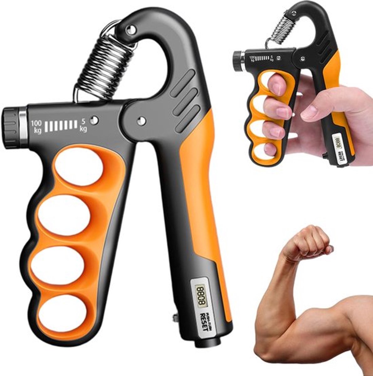 Verstelbare Handtrainer - 5 tot 100 KG - Digitale Handknijper - Fitness Vingertrainer - Grip Trainer - Automatische Teller - Verstelbare Weerstand - Oranje Zwart