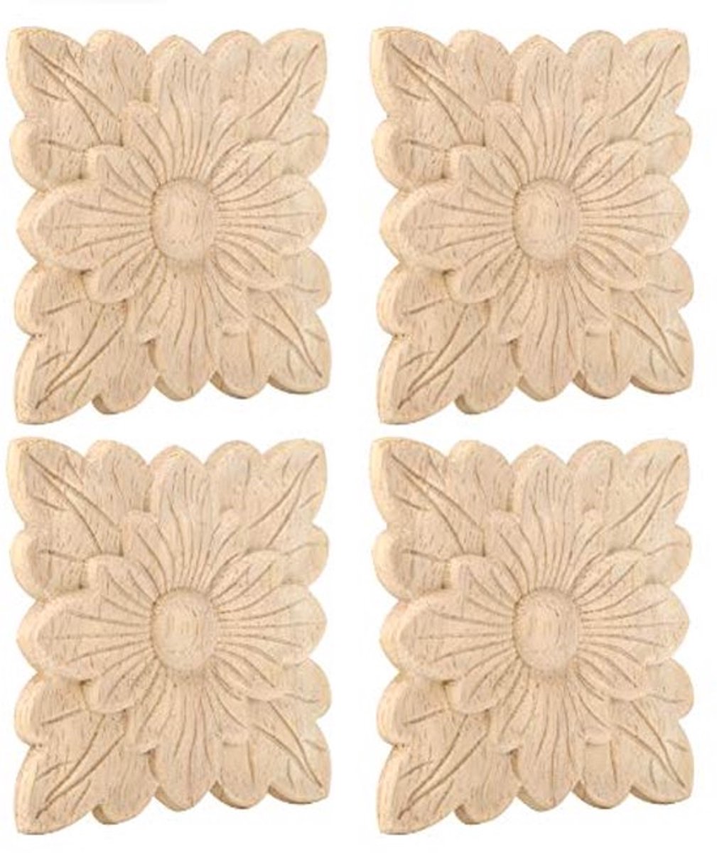 houten applicaties, 4 stuks mooie bloemenpatronen houtgesneden applicatie meubels decoratie tuindeur accessoires