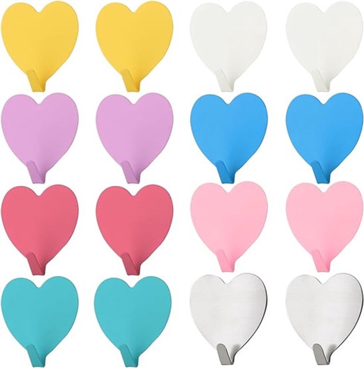 Verpakking met 16 hartvormige haken, kleurrijke liefdeshaken, metalen haken, zelfklevende haken, schattige deurkloppers, decoratieve haken, woonaccessoires