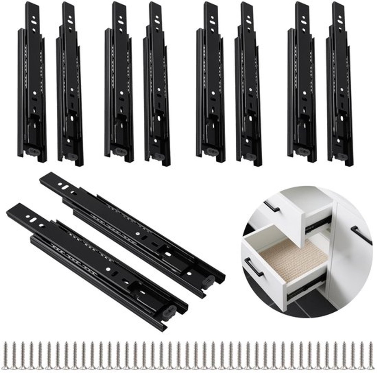 Set van 10 Ladegeleiders, Volledig Uittrekbaar, 20 cm, Zwart, Uittrekrails, Onderbevestiging met Bevestigingsschroeven, Ladegeleiders