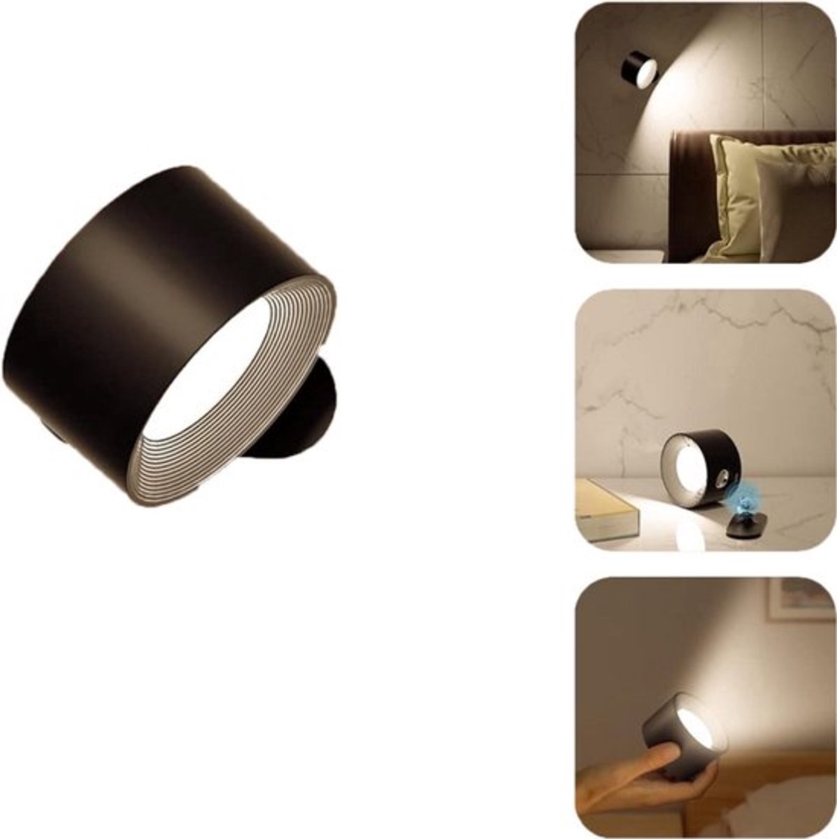 Wandlamp - Leeslamp - Dimbaar - Werkt op batterijen - Nachtlampje, Touchbediening, 3 kleurstanden, 3 helderheidsniveaus, 360° draaibare magnetische beugel, Geschikt voor woonkamer, slaapkamer, gang, Draadloze wandlamp (zwart)
