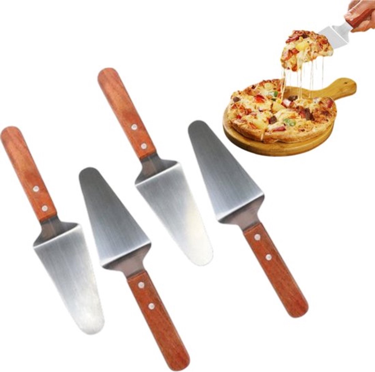 4 stuks pizzaspatel van roestvrij staal - Houten handvat voor antislip grip - Taartspatel - Desserttaartspatel - 11,7*6*26 cm - Geschikt voor het thuis bakken van pizza, cake en desserts - Zilveren houten handvat.