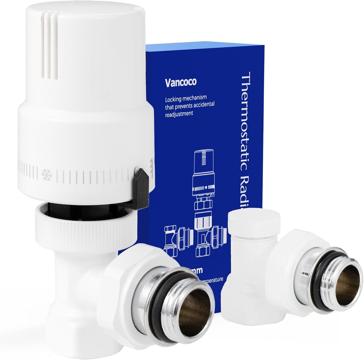 SnelShoppen - Thermostaatventiel G1/2 Set met Retourventiel en Afdichtring voor Radiatoren - Hoekvormig, Energiezuinig, Wit - Complete Set voor Verwar