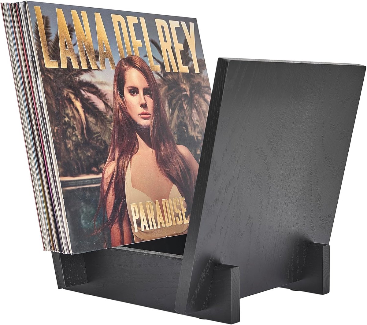 SnelShoppen - Houten Platenhouder - Zwarte Eiken Hout Vinyl Record Stand, V-Vormig Albumrek voor Weergave en Opslag, Geschikt voor 40 Premium LP's, Id