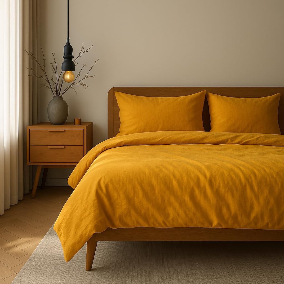 SnelShoppen - Luxe Bedlinnen Set 140 x 200 cm - 100% Katoen Duvet Dekbedovertrek met Sloop 80 x 80 cm - Hoogwaardige Mustard Kleur - Perfect voor Slaa