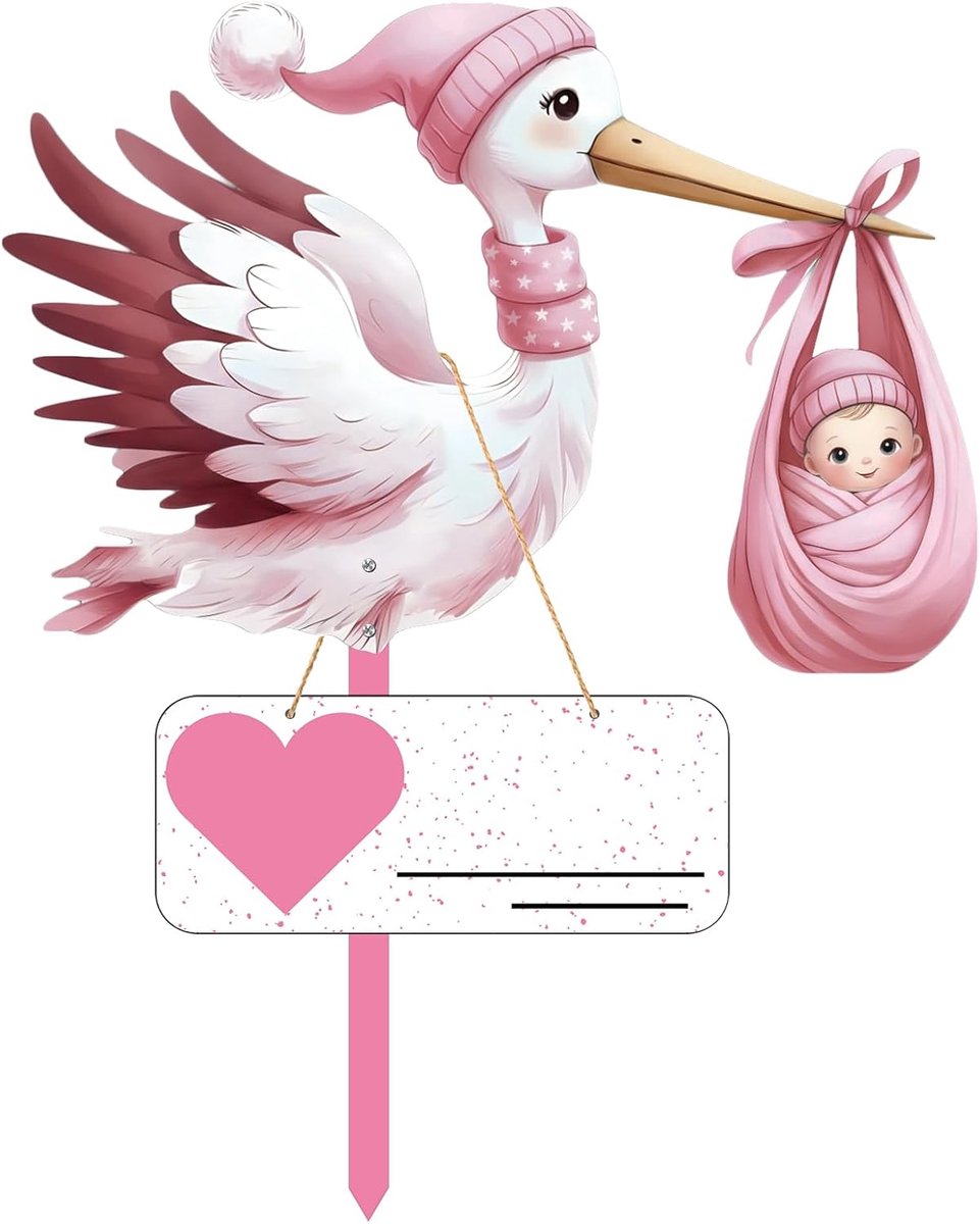 SnelShoppen - Baby Geboorte Ooievaar Set 89 cm Houten Welkom Thuis Decoratie, Inclusief Houten Stok, Naamlabel en Wenskaart (Roze)