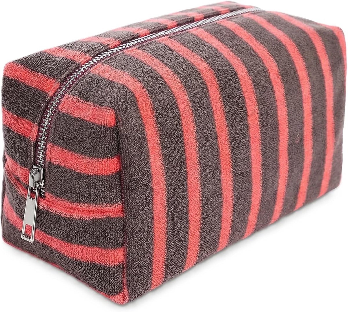 SnelShoppen - Grote Gestreepte Cosmeticabag, Ruime Toilettas voor Make-up en Verzorging, Lichtgewicht Reisorganizer, Rood-bruin, Minimalistisch Design