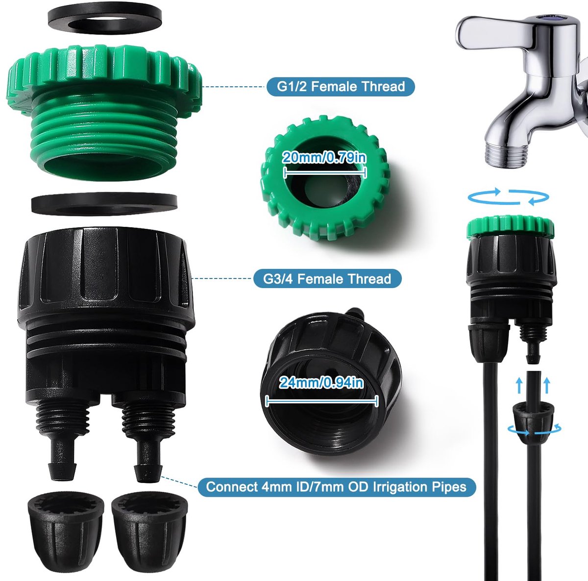 SnelShoppen - 5Pcs Drip Irrigation Hose Connector G1/2 G3/4 - 2 Way Micro Irrigation Adapter met Lock Buckle - Duurzame Tuin Irrigatie Fittingen voor
