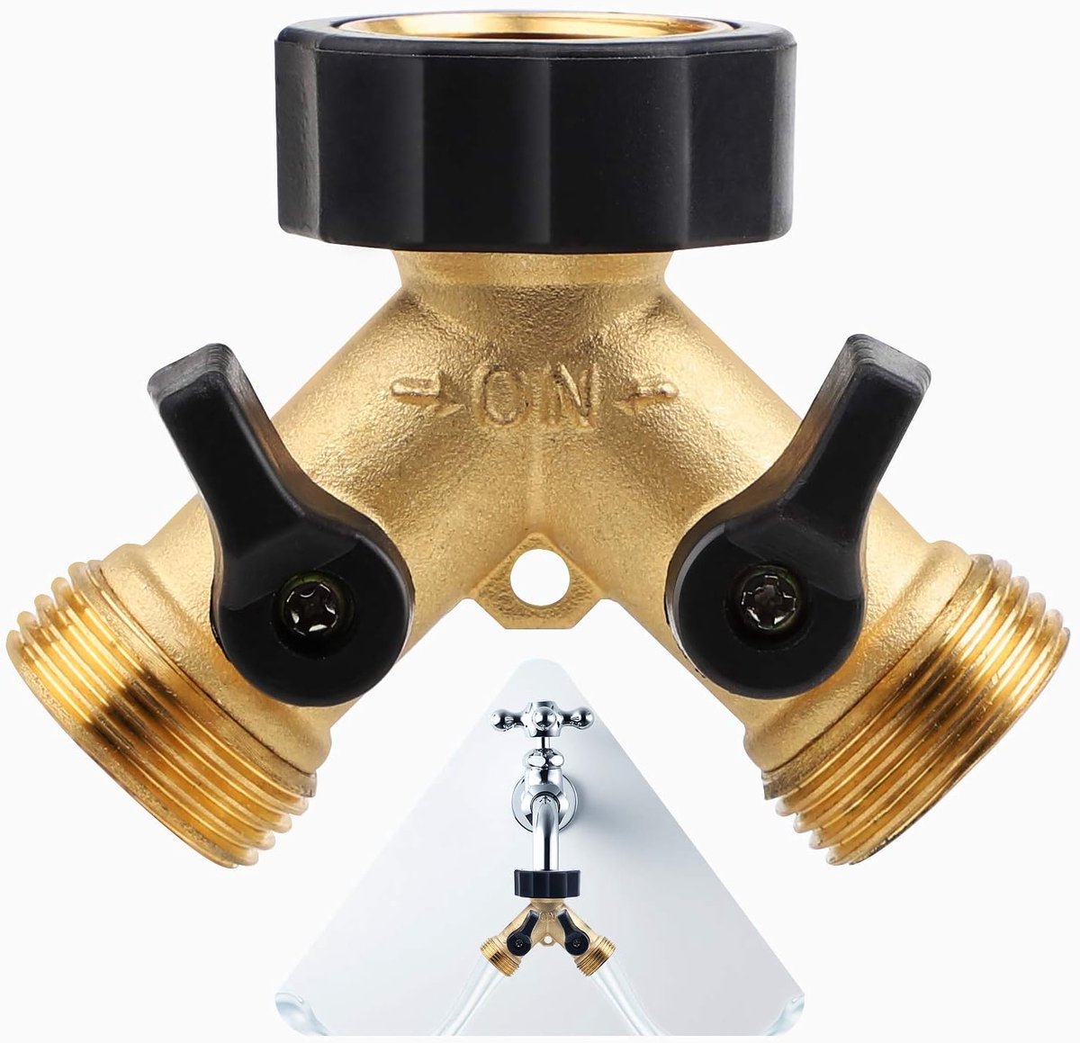 SnelShoppen - 2-way Y-distributor 3/4 inch messing met rubberen afdichting en 2 draaiknoppen voor tuinslangen en watergebruik