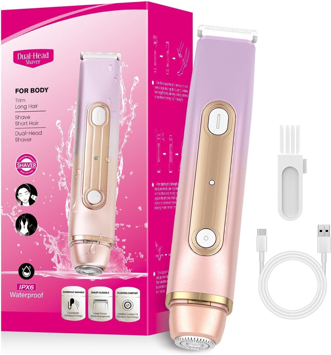 SnelShoppen - Intiem Scheerapparaat voor Vrouwen, 2-in-1 Elektrisch Scheerapparaat met Dubbele Kop, USB-oplaadbaar, Waterdicht, Bikinitrimmer voor Ben