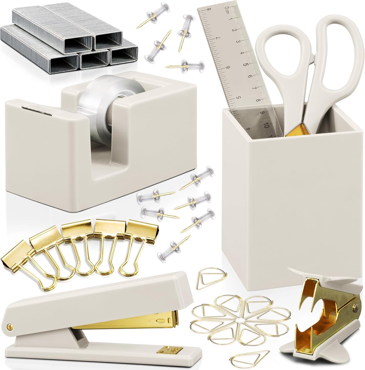 SnelShoppen - Esthetische Bureauaccessoireset voor Vrouwen - Complete Bureauorganizerset met Gouden Afwerking - Inclusief Penhouder, Nietmachine, Tape