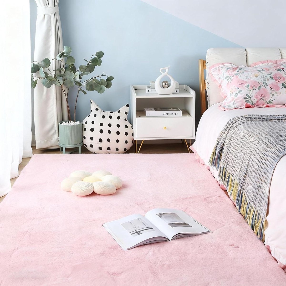 Vloerkleed Laagpolig - Tapijt Woonkamer - Decoreren van Kamer - Antislip Onderkant - 2.4 x 2.4 m - Roze