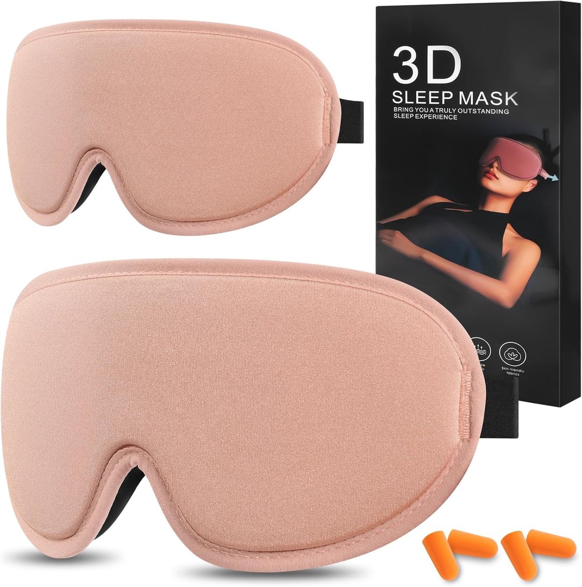 SnelShoppen - 3D Slaapmasker Set van 2 met Oordopjes - Roze Verduisteringsmaskers voor Zijslapers - Verstelbare Riem en Ademende Stof voor Reizen en O