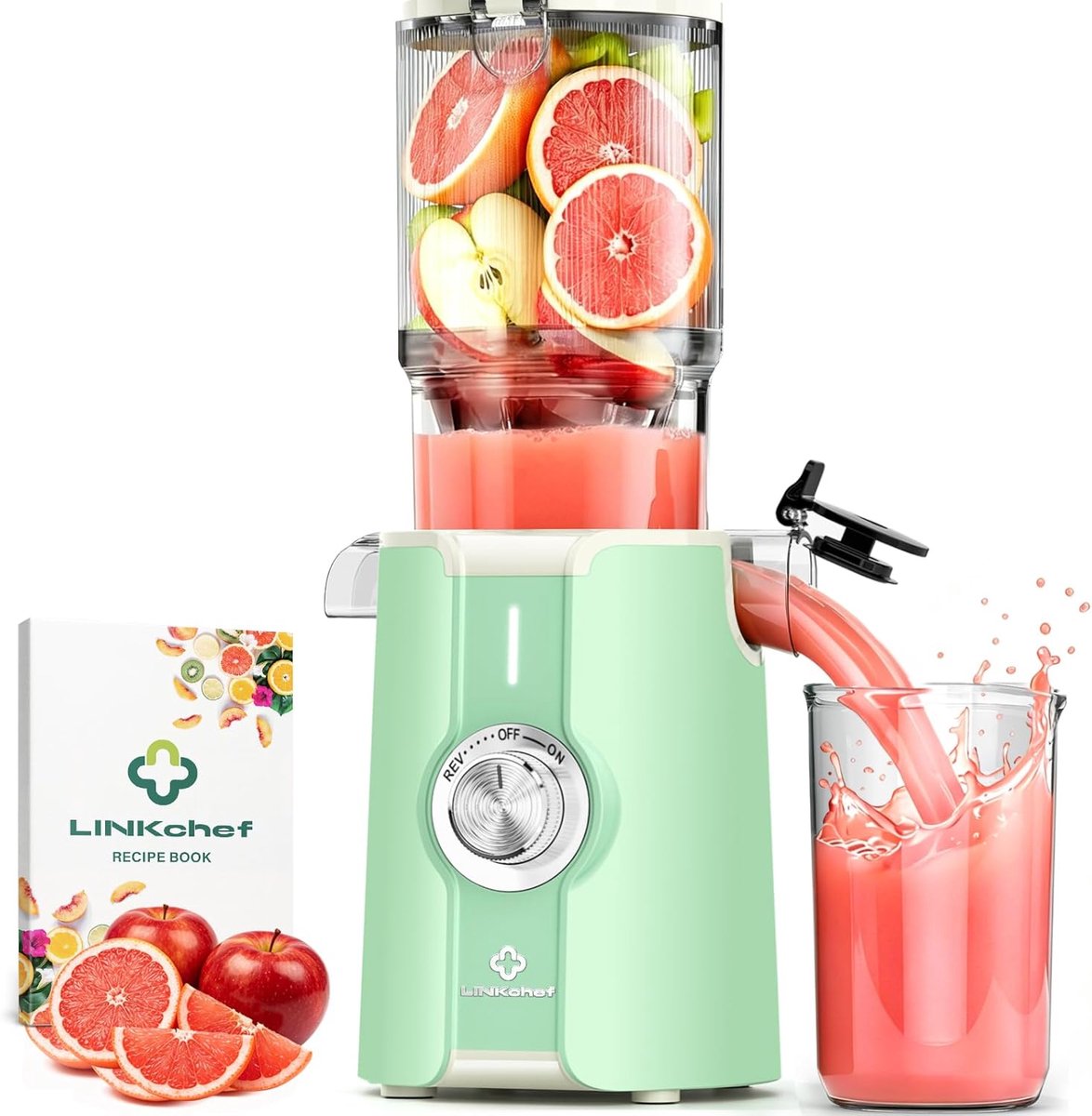 SnelShoppen - LINKChef Slow Juicer, Fruit en Groente Juicer, Testwinnaar, 115 mm, Whole Fruit Juicer, BPA-vrij, 200 W, Lichtgroen, Perfect voor Keuken