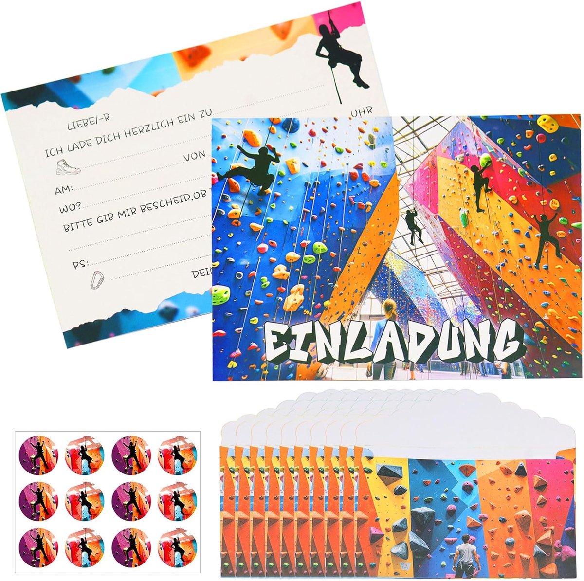 SnelShoppen - 12 Klimplaats Uitnodigingen, Inclusief Enveloppen en Stickers, Kinderfeestjes, Verjaardagskaarten voor Jongens en Meisjes, Feestdecorati