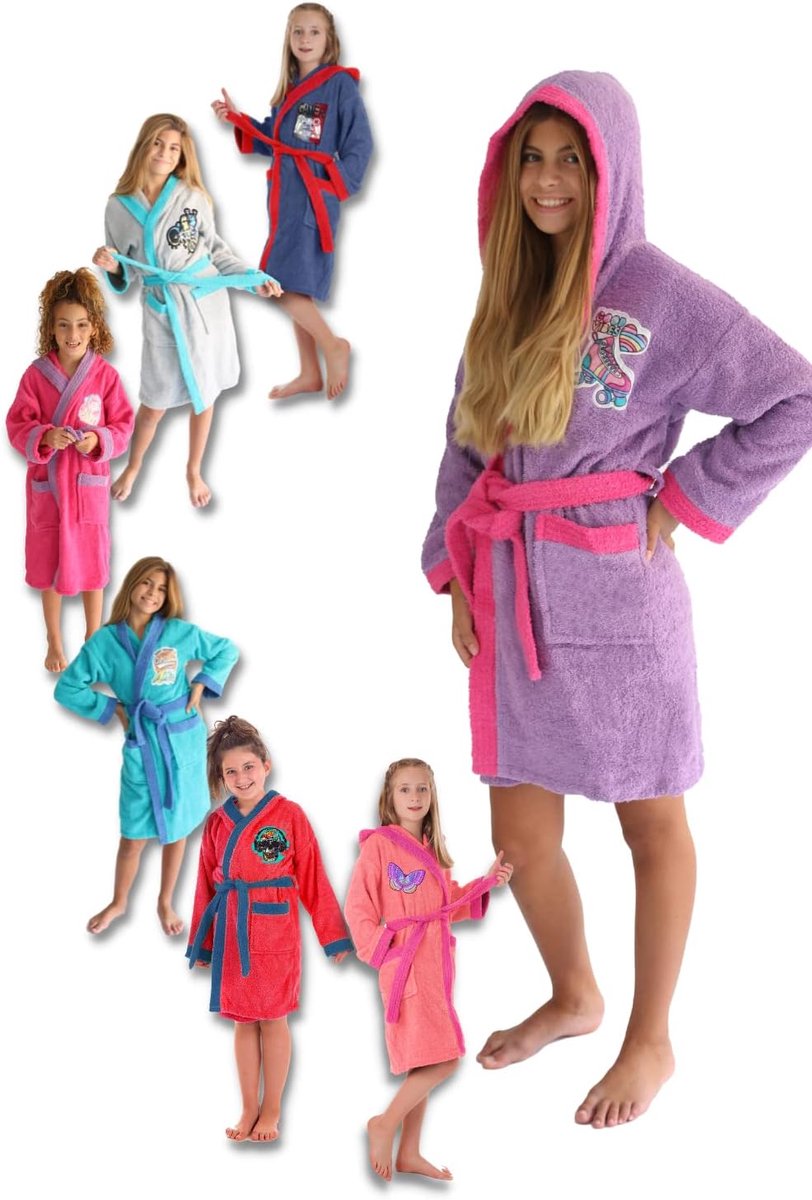 SnelShoppen - Kinderbadjas voor Meisjes, 100% Katoen, Pluche, Oeko-Tex, met 2 Zakken, Ceintuur, Kap, Zeer Zacht, Voor Thuis of Bad