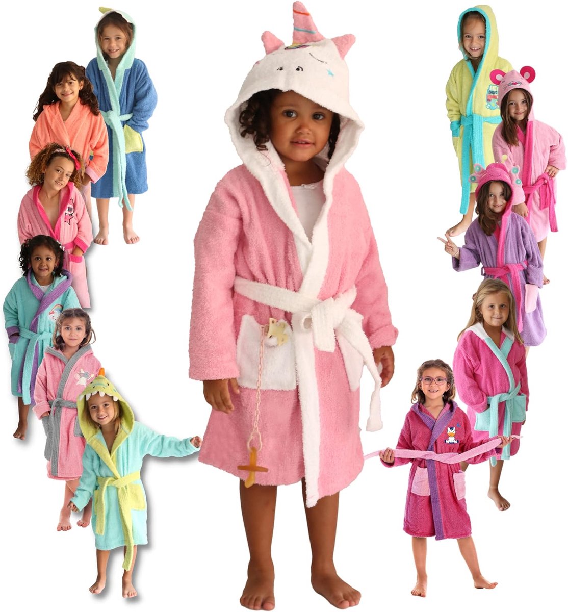 SnelShoppen - Kinderen Badjas voor Meisjes, 100% Katoen, Zacht Pluche, Met 2 Zakjes, Ceintuur, Kap, Oeko-Tex, Voor Thuis en Zwembad