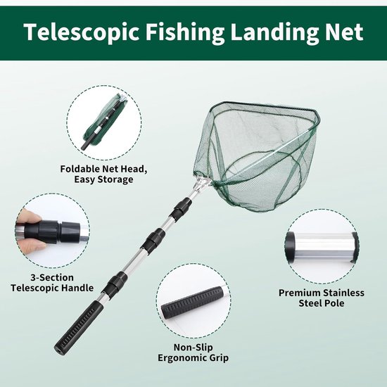 SnelShoppen - Schepnet voor Vissen Telescoop Uittrekbaar Opvouwbaar 130 cm Aluminiumlegering Nylon Net Forelvijver Vijver Beken Meren Bootvissen Visac van Snelshoppen — afbeelding 5