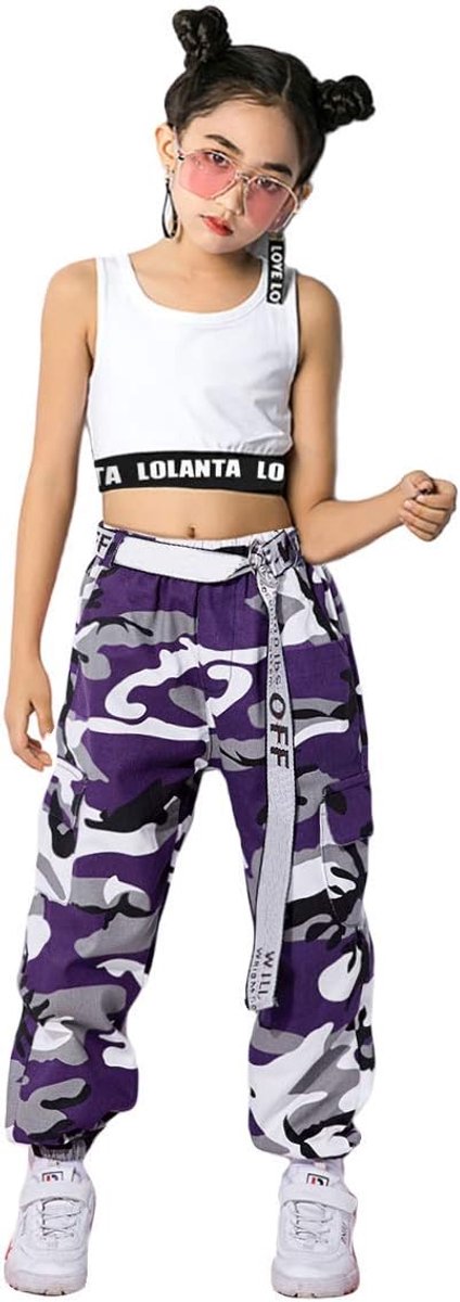 SnelShoppen - Meisjes hiphop streetdance kledingset jazz dancewear tanktop + camouflagebroek 4-16 jaar, levendige kleuren voor dans, feest, sport en c