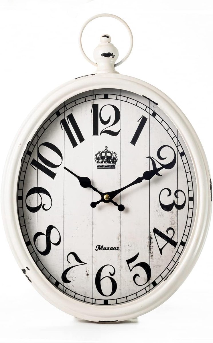 SnelShoppen - Ovale Metalen Wandklok Retro Antiek Design 40 cm - Stille Quartz Beweging - Vintage Stijl Woonkamer Keuken Boerderij Wit
