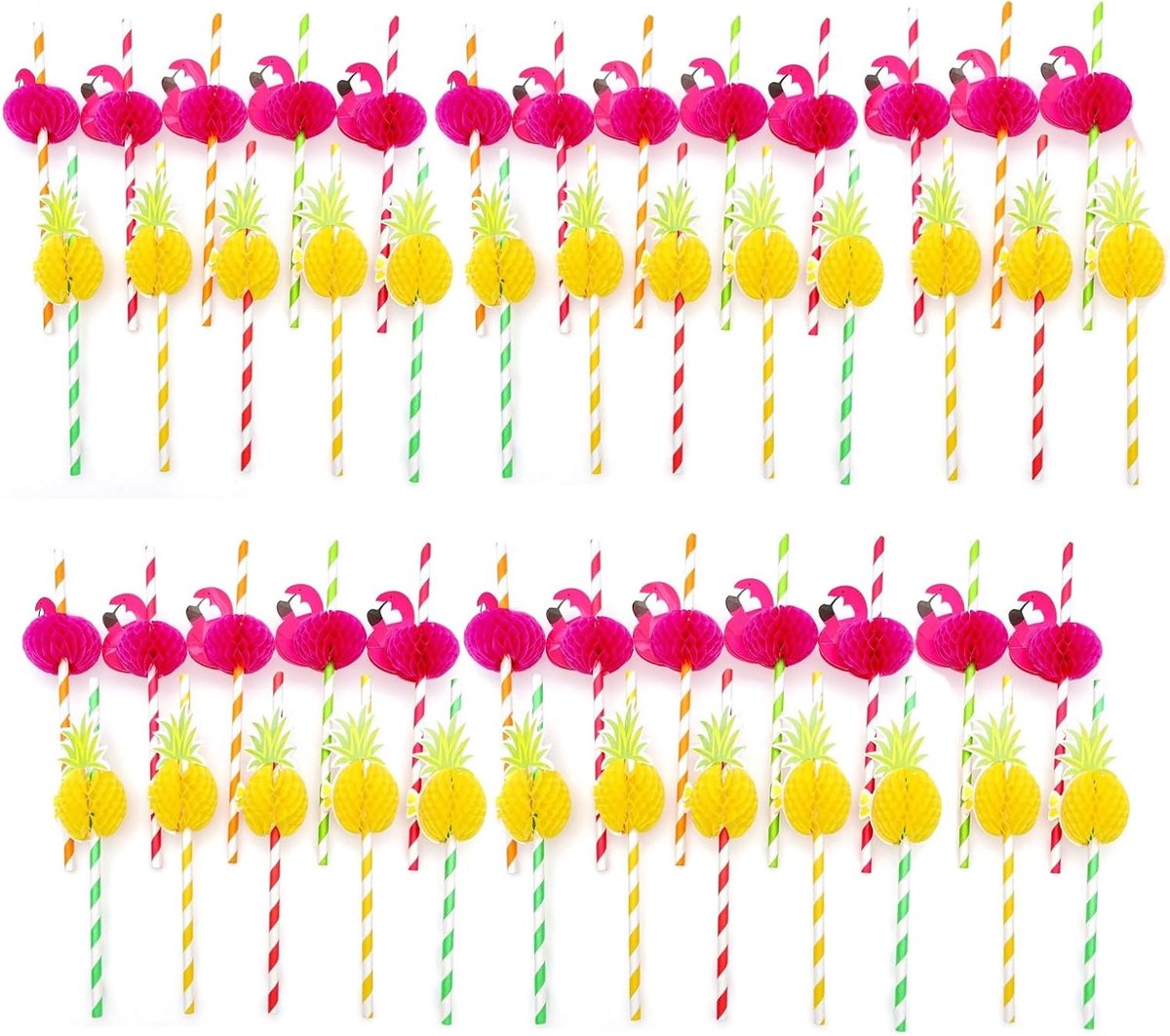 SnelShoppen - 50x Kleurrijke Ananas Flamingo Papieren Rietjes - Biologisch Afbreekbare Rietjes voor Tropische Feesten, Luau Party Decoraties - 19,2 cm