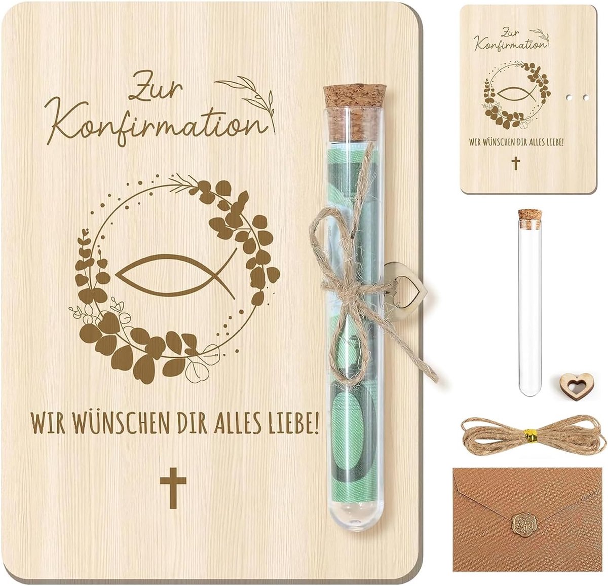 SnelShoppen - Verpakking met Reageerbuisjes voor Geldcadeau, Houten Cadeau, Hoogwaardige Envelop en Henneptouw - Perfect voor Verjaardag, Bruiloft en