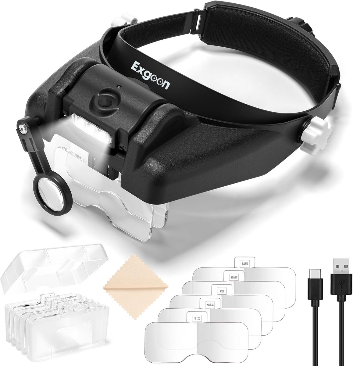 SnelShoppen - Vergrootglas met Licht, Handsfree Hoofdbandloep 1-14x Vergroting, 6 Afneembare Lenzen voor Modelbouw, Juweliers, Knutselen, Oplaadbaar,