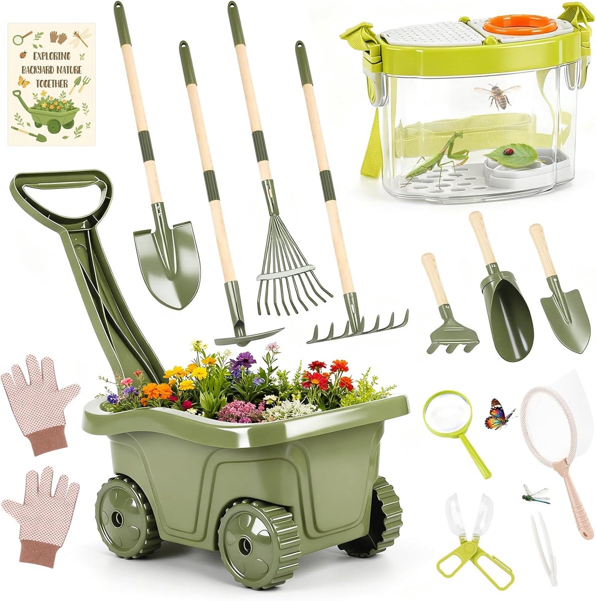 SnelShoppen - Dreamon Kruiwagen voor Kinderen - 14-delige Tuinset met Tuingereedschap, Handschoenen, Insectenbak, Vergrootglas, Vlindernet - Voor Buit