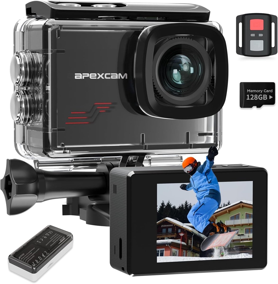 SnelShoppen - Actiecamera 4K 60FPS 48MP met 128GB, Waterproof tot 40M, 8x Zoom, WIFI, 2x1350mAh Batterij en Accessoires voor Onderwater Avonturen en S