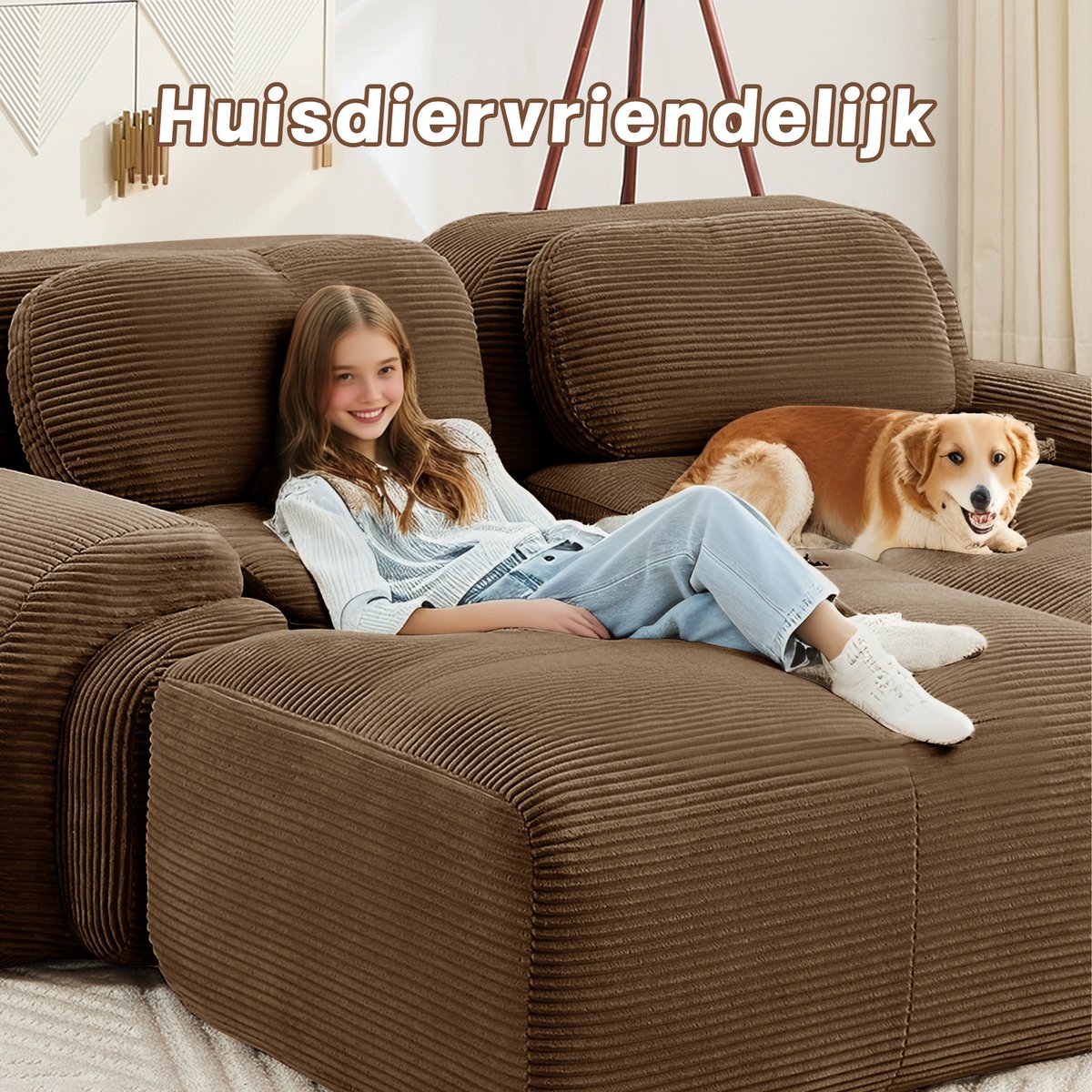 Hoekbank - Hoekbank van Zachte Corduroy – Bank Zonder Frame - Geen installatie Nodig - Comfortabele Zitzak Stoel – Beanbag voor Woonkamer en Slaapkamer - Bruin
