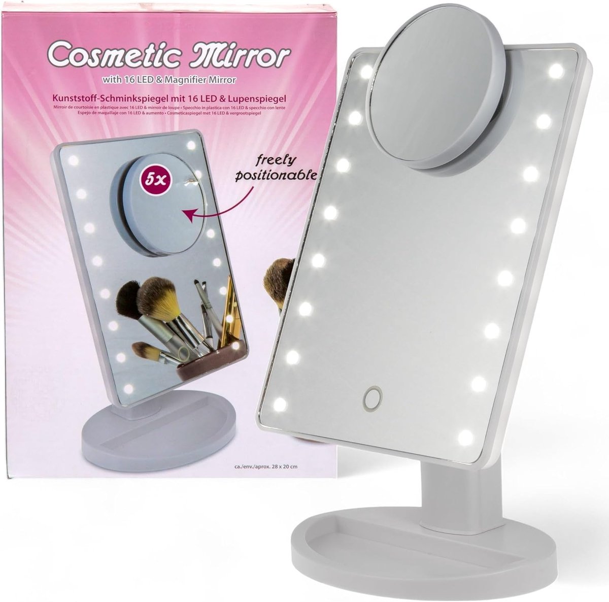 SnelShoppen - Make-upspiegel met 16 LEDs, 5-voudige vergroting, Flexibel en Draagbaar, 28x20 cm, Wit, Ideaal voor Make-up, Dagelijks Gebruik, Feest