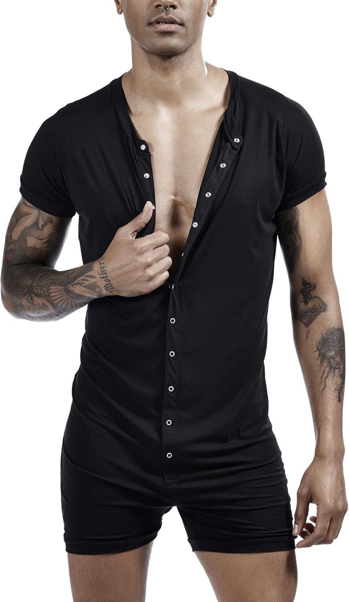 SnelShoppen - AIEOE Body Bodysuit Heren Korte Mouwen, Eendelige Overall, Zacht en Rekbaar Rompertje met Knoopsluiting, Comfortabel Onderhemd Casual Ju