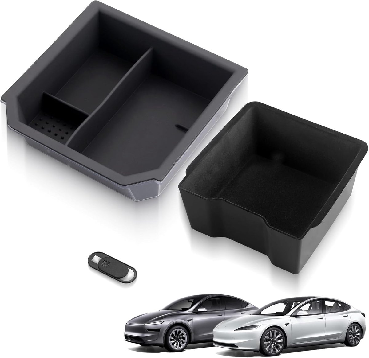 SnelShoppen - 3 Stuks Siliconen Console Organizer Tray voor Tesla Model 3 & Y, Privacy Cover, Antislip, Krasbestendig, Mat Zwart, Plug-and-Play