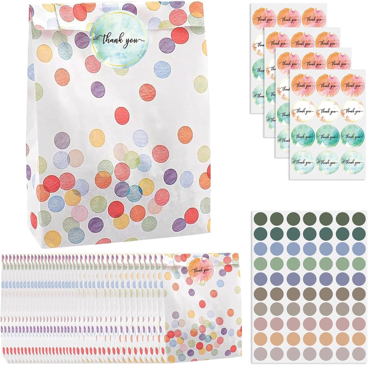 SnelShoppen - 40 Geschenkzakjes met 48 Stickers - Cadeauzakjes voor Kinderverjaardag - Regenboog en Stippen - Papieren Zakjes 19x13x3,5 cm - Feestjes