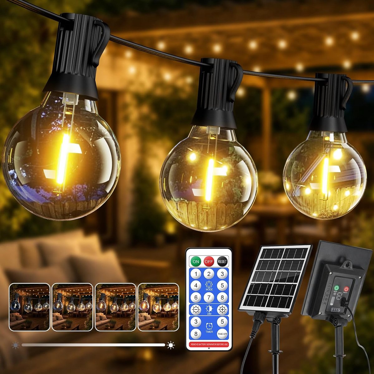 SnelShoppen - Lichtsnoer op Zonne-energie voor Buiten, 15m Warmwit LED, 19+2 PET-lampen, IP65 Waterdicht, 8 Modi, Timer & USB Oplaadbaar voor Tuin, Ba