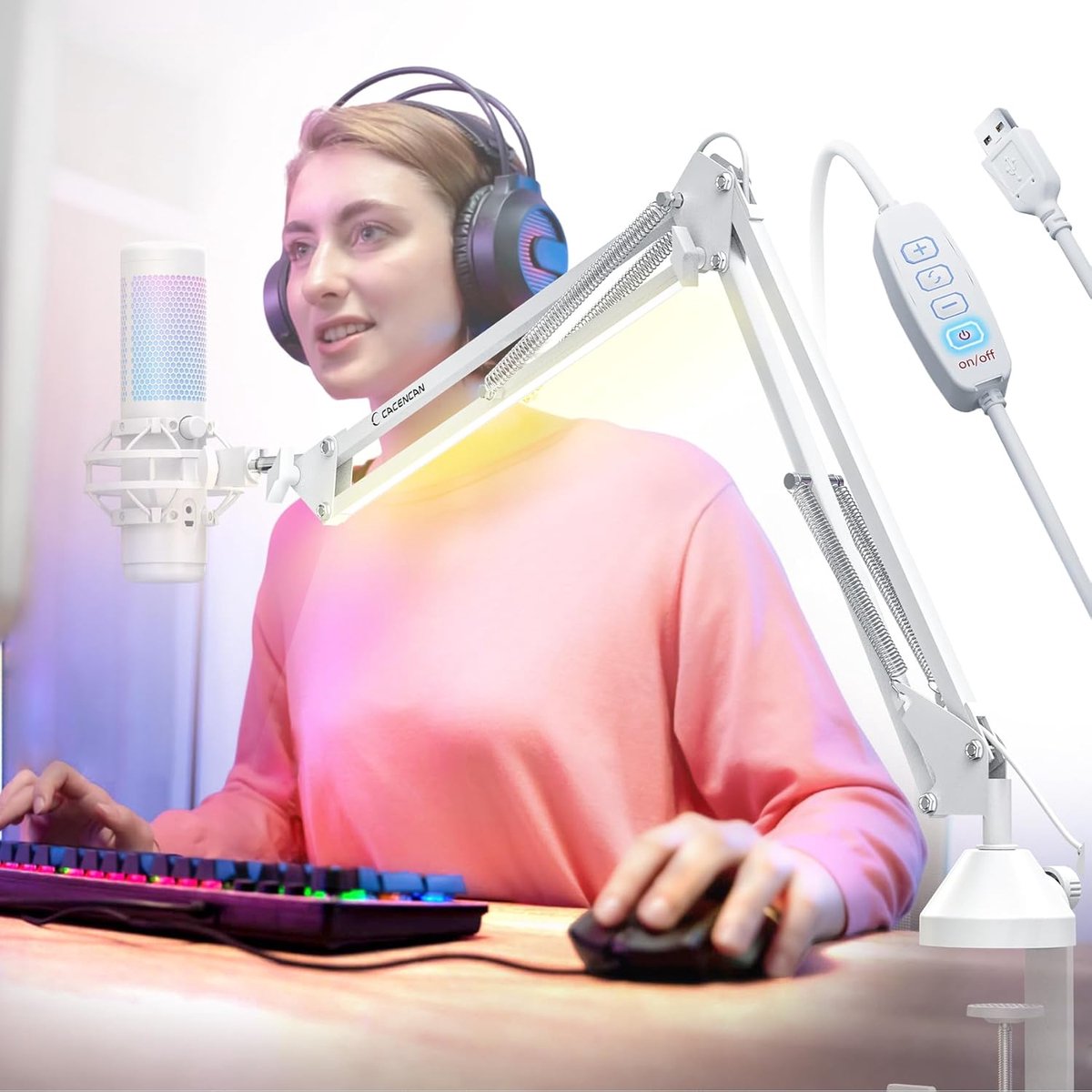 SnelShoppen - Boom Arm Microfoon, Opvouwbare Microfoon Stand Desk Mount met Ingebouwde Leeslamp, 3/8" tot 5/8" Schroef Adapter, Verstelbaar voor Podca
