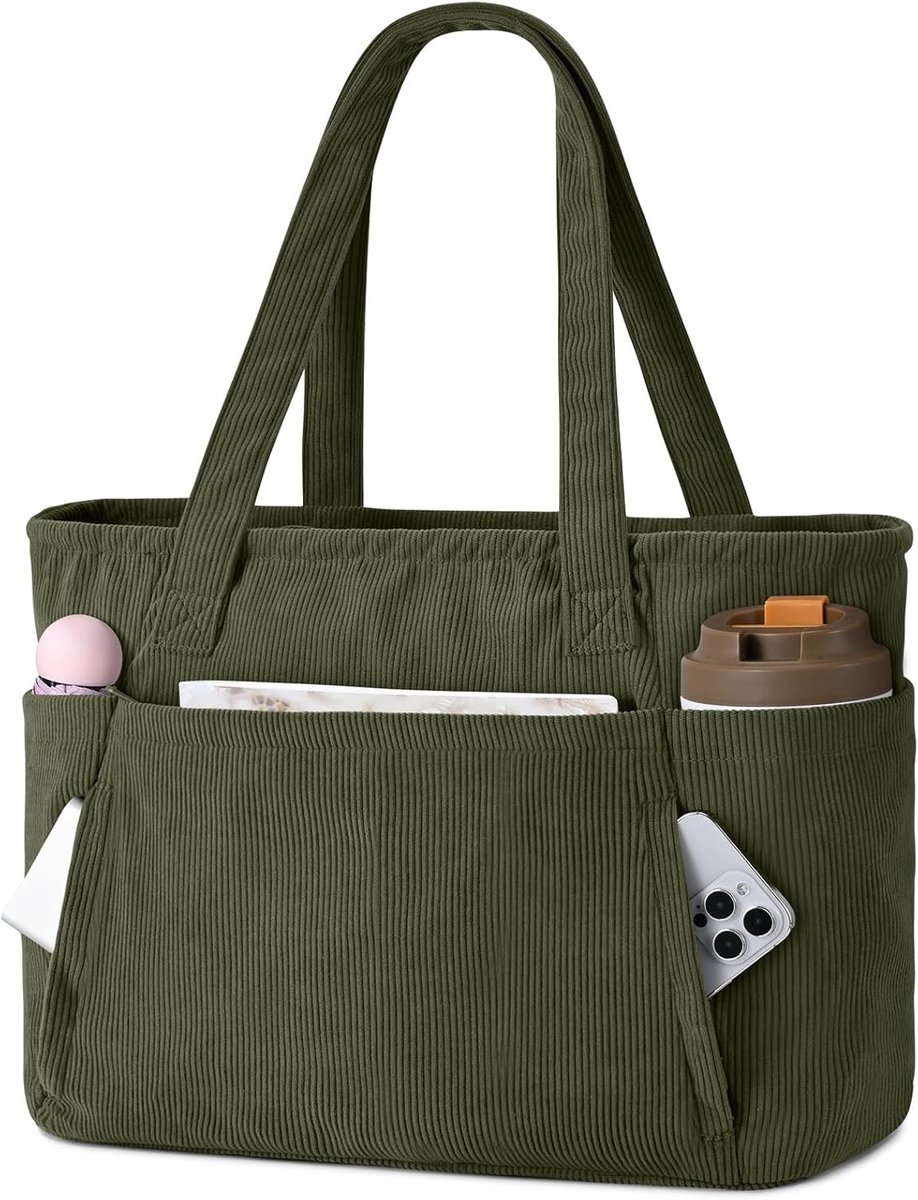 Thijox - Cord Shopper Tas Dames Handtas Grote Tote Bag met 15,6 Inch Laptopvak, Schoudertas voor Werk, Strand, Gym, Universitair Gebruik, 9 Vakken, Ti