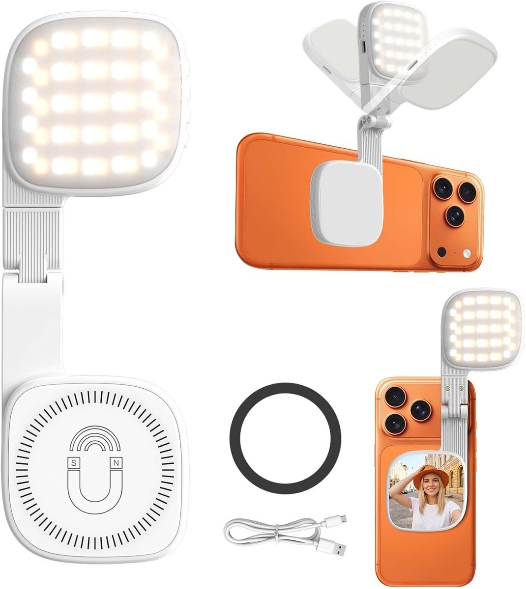 Thijox - Opvouwbare Magneetlamp voor Mobiele Telefoon, 360 Graden Horizontaal, 270 Graden Verticaal, Oplaadbaar Selfie-Licht met 3 Kleurtemperaturen e