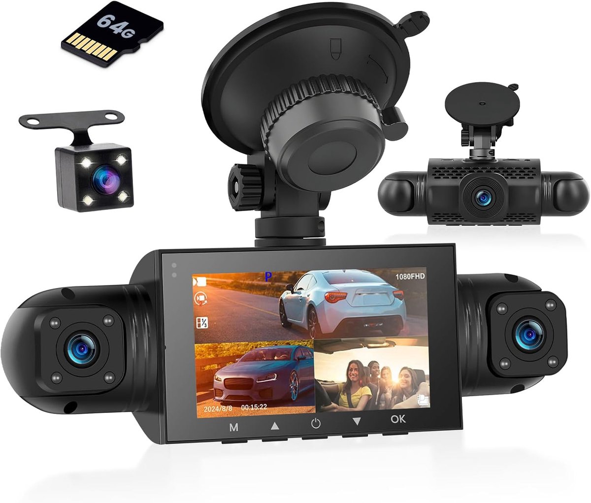 SnelShoppen - 1080P HD Dashcam voor Auto met 64GB TF-Kaart, Waterdichte Mini 3 Inch Camera, Nachtzicht, Loopopname, G-Sensor en 360 Graden Hoek