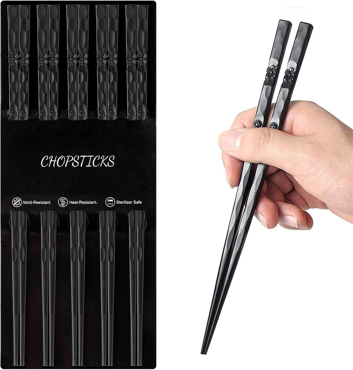 SnelShoppen - 5 Pairs Fiberglass Chopsticks - Herbruikbare, Vaatwasserbestendige, Zwarte Japanse Sushi Stokjes Set - Lichtgewicht en Antislip voor Thu