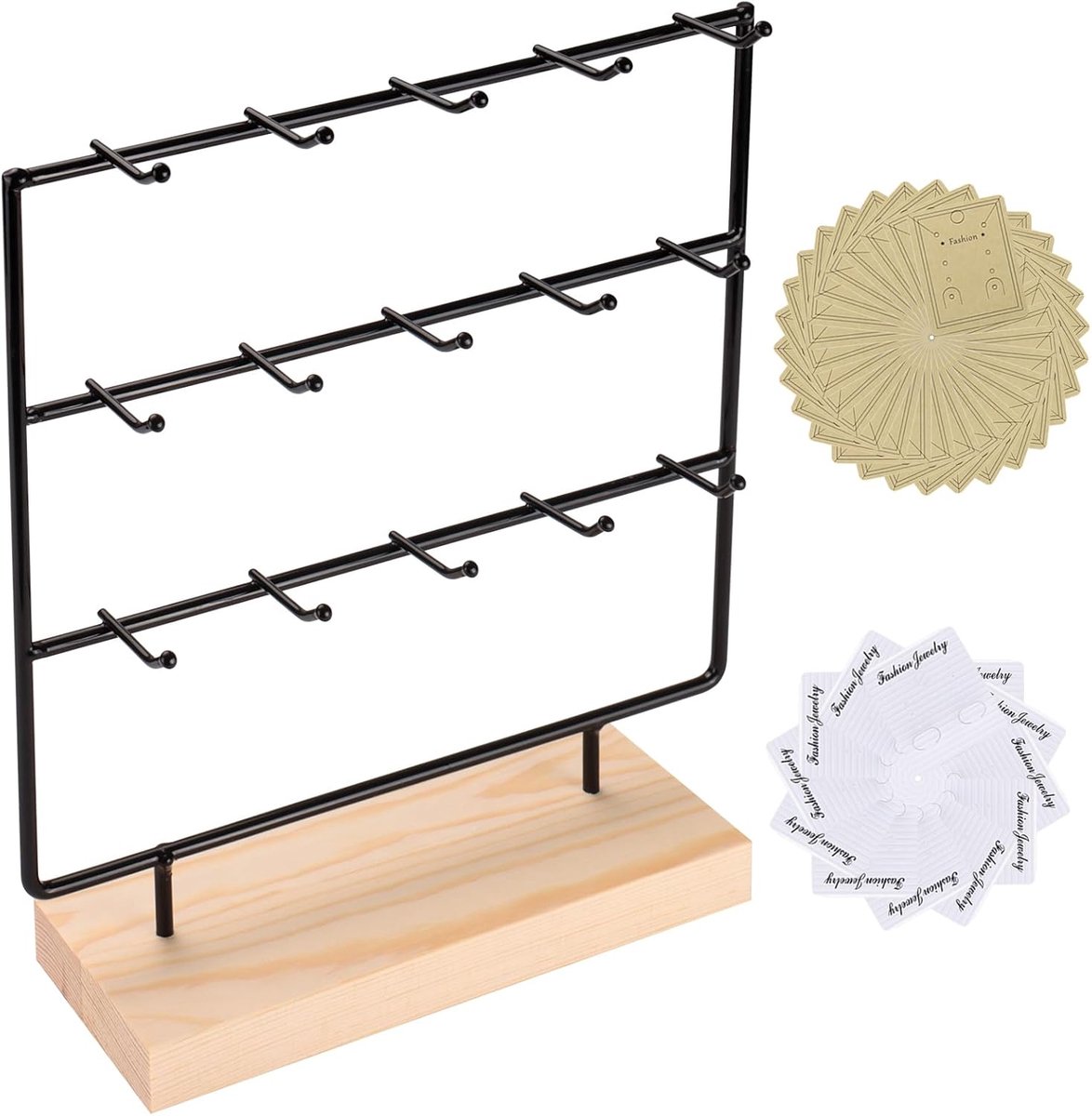 SnelShoppen - Black 3-Tier Haken houten sieraden organizer voor oorbellen, kettingen, ringen, armbanden, sleutelhangers - Compact voor bureau, boutiqu