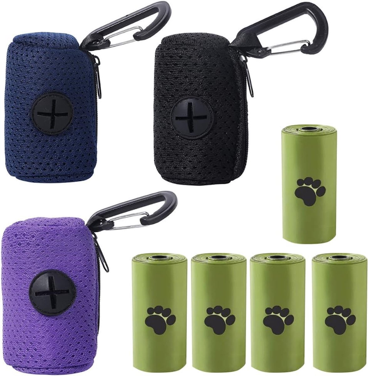 SnelShoppen - Premium hondenpoepzak dispenser set met 5 rollen hondenpoepzakken, mesh hondenpoepzakdispenser voor hondenlijn, lichtgewicht en compact